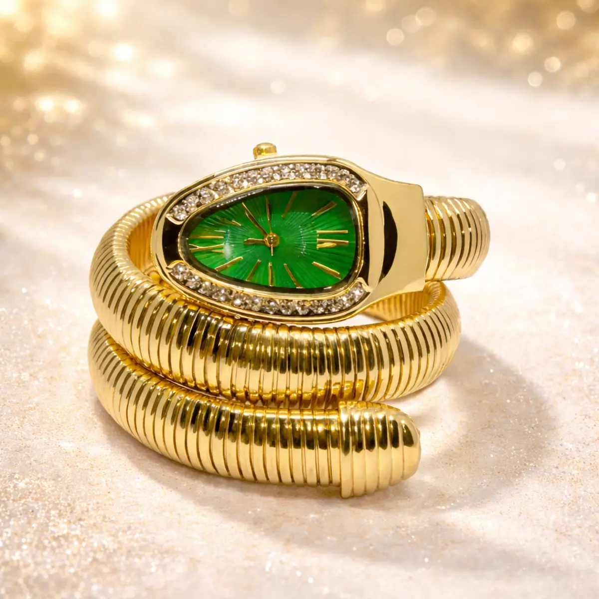 Luxury Green Crystal Snake Wrap Watch | Gold & Silver Two-Tone Bracelet Watch Just Cavalli Signature Snake Mesmerizing Two Tones YG Green  main image 4