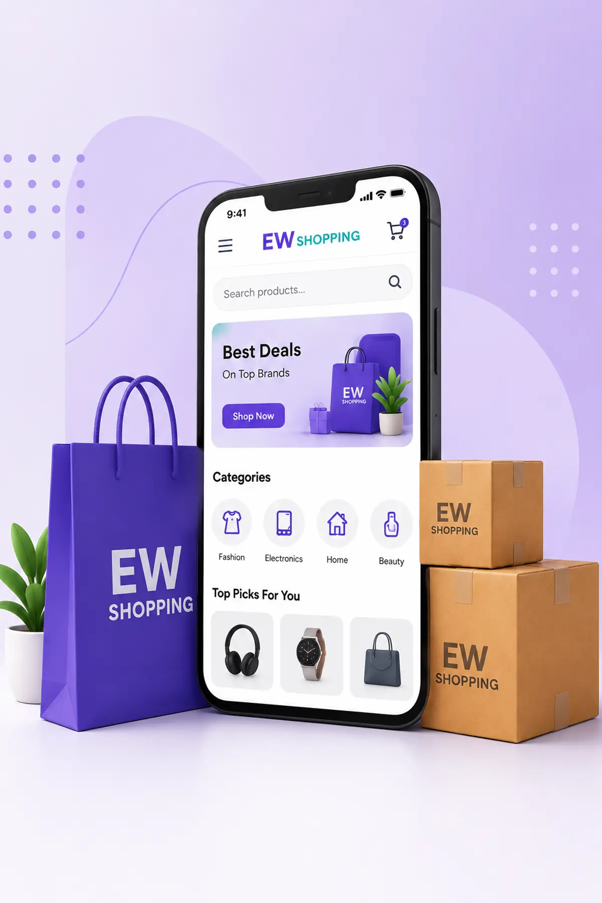 EWShopping app on a phone next to an EWShopping bag and delivery boxes