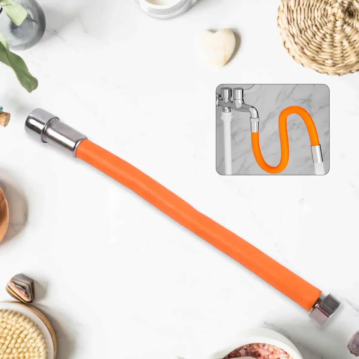 Universal Faucet Extender Tube – 360° Rotating Flexible Silicone Pipe, 20cm Orange, Foaming Extension For Kitchen Bathroom Sink, G 1/2 Fit